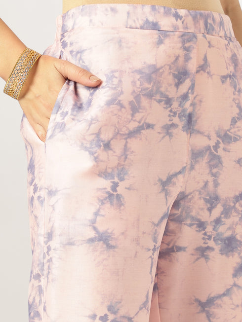 Peach Silk Blend Tie & Dye Yoke Embroidered Straight Kurta Pant Set